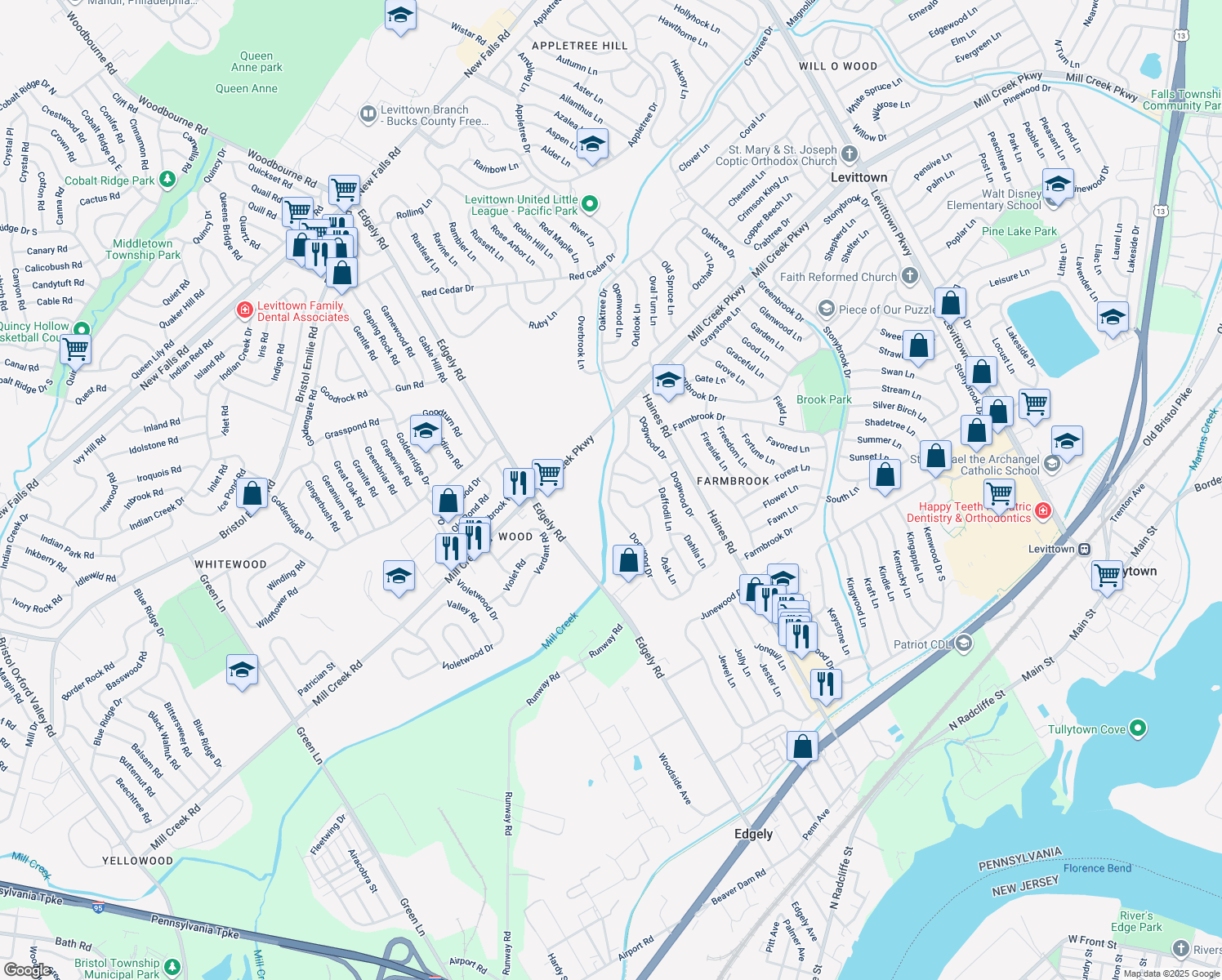 map of restaurants, bars, coffee shops, grocery stores, and more near 1 Deepgreen Lane in Levittown