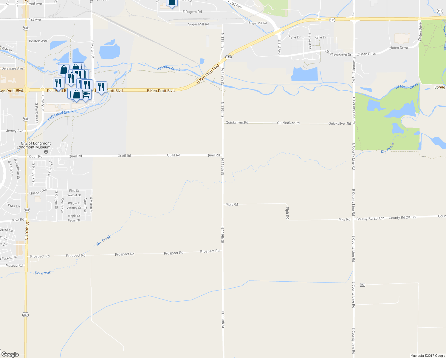 map of restaurants, bars, coffee shops, grocery stores, and more near 9248 North 119th Street in Longmont