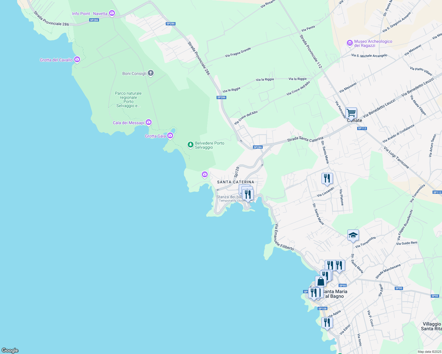 map of restaurants, bars, coffee shops, grocery stores, and more near 18 Viale Madonna dell'Alto in Nardò
