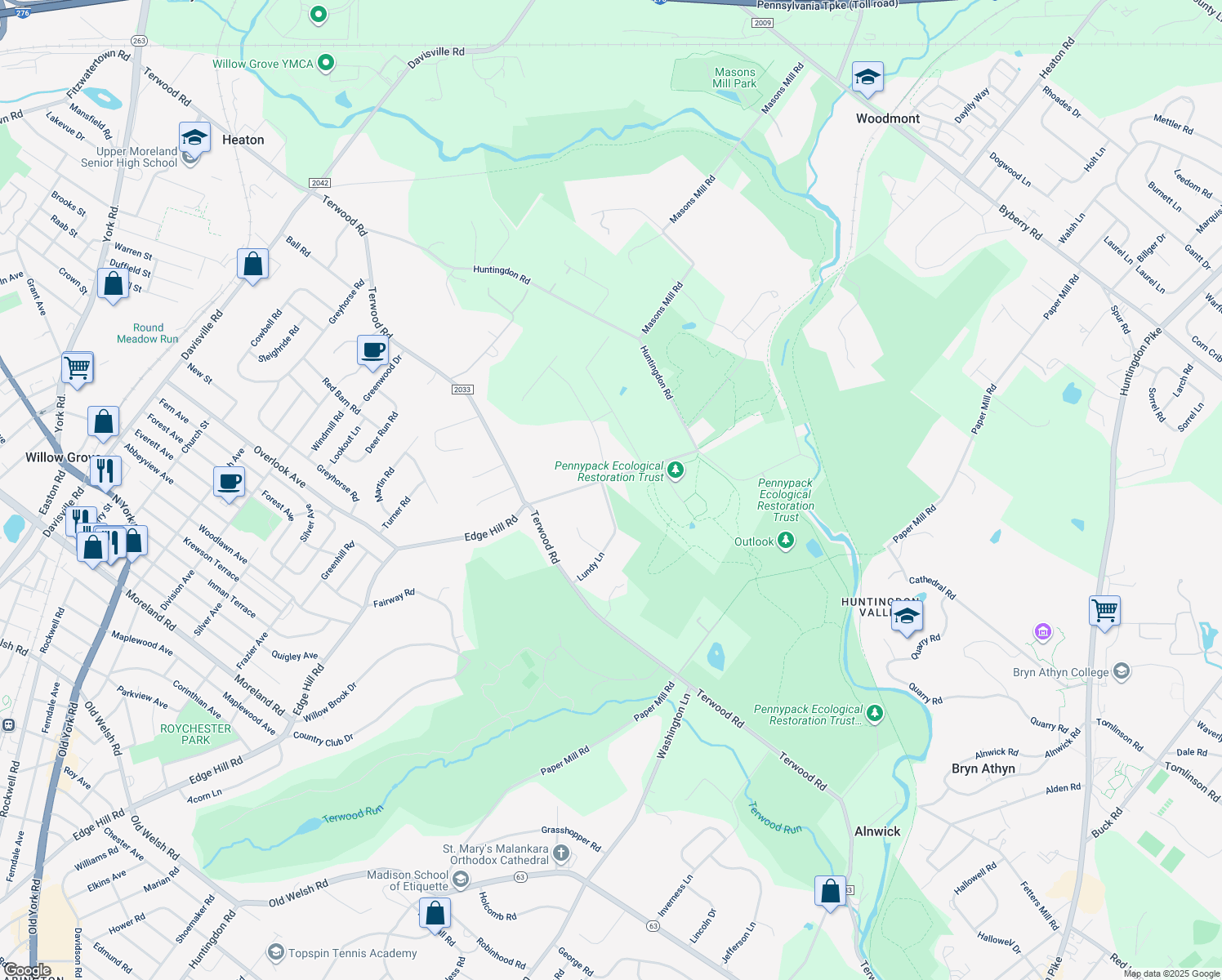 map of restaurants, bars, coffee shops, grocery stores, and more near 2845 Edge Hill Rd in Huntingdon Valley