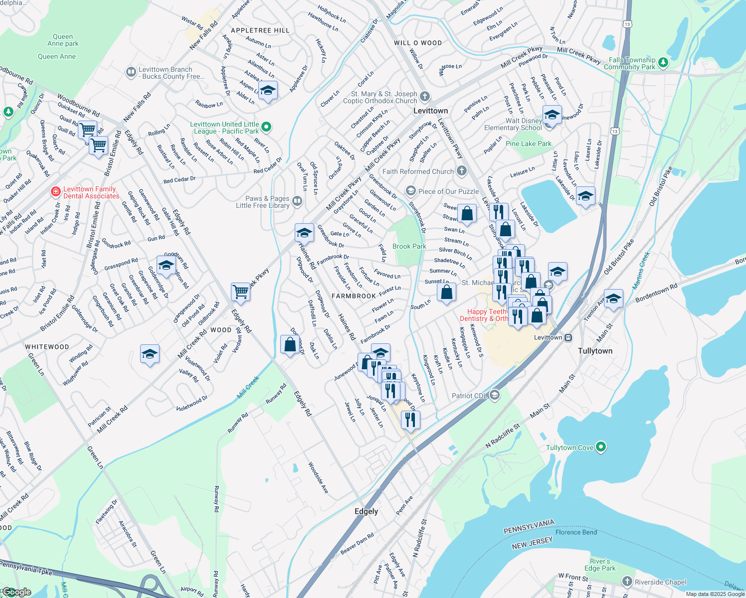 map of restaurants, bars, coffee shops, grocery stores, and more near 26 Forest Lane in Levittown