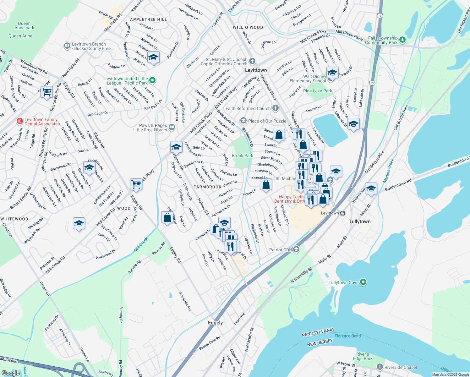 map of restaurants, bars, coffee shops, grocery stores, and more near 51 Flower Lane in Levittown