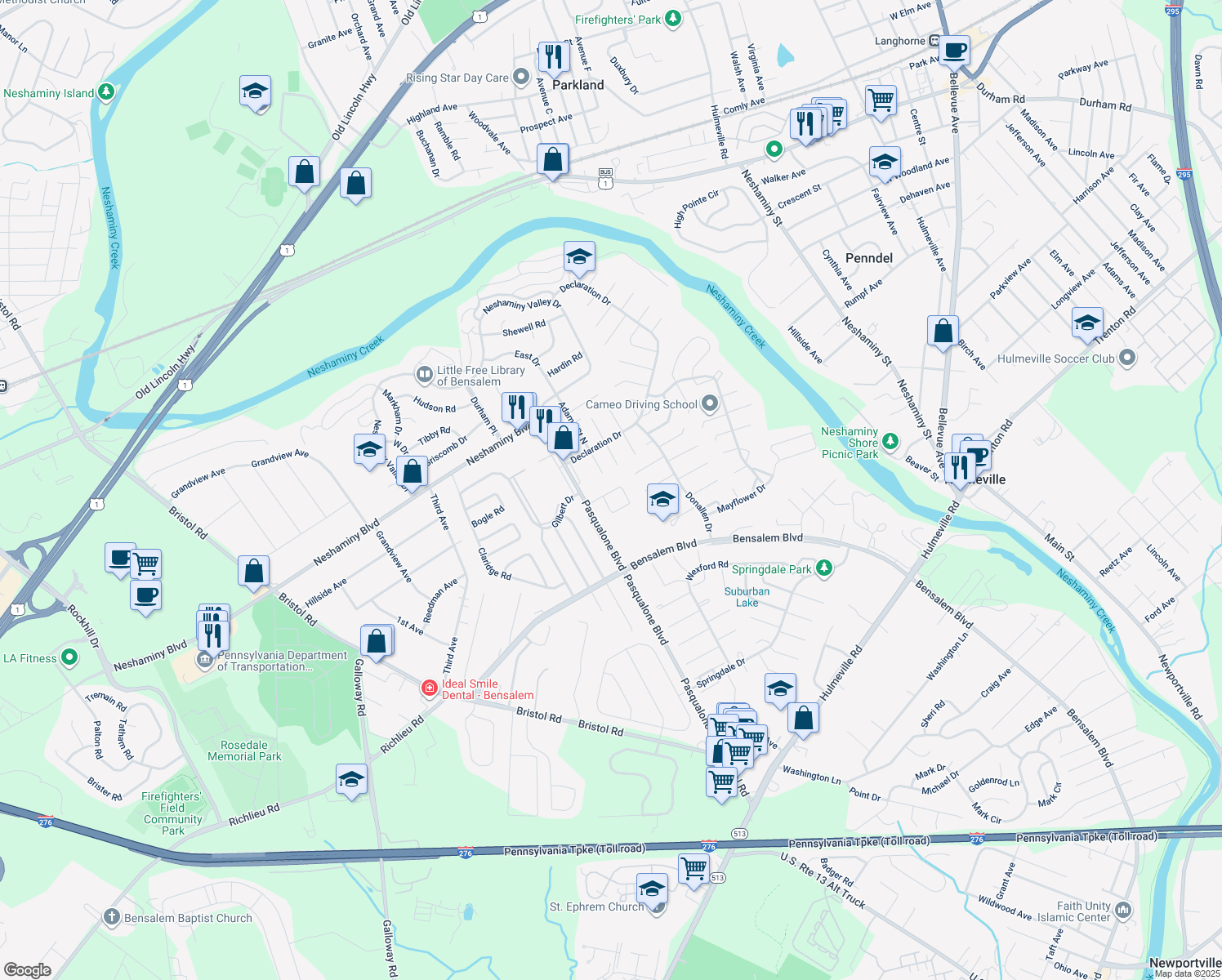 map of restaurants, bars, coffee shops, grocery stores, and more near 3145 Independence Court in Bensalem