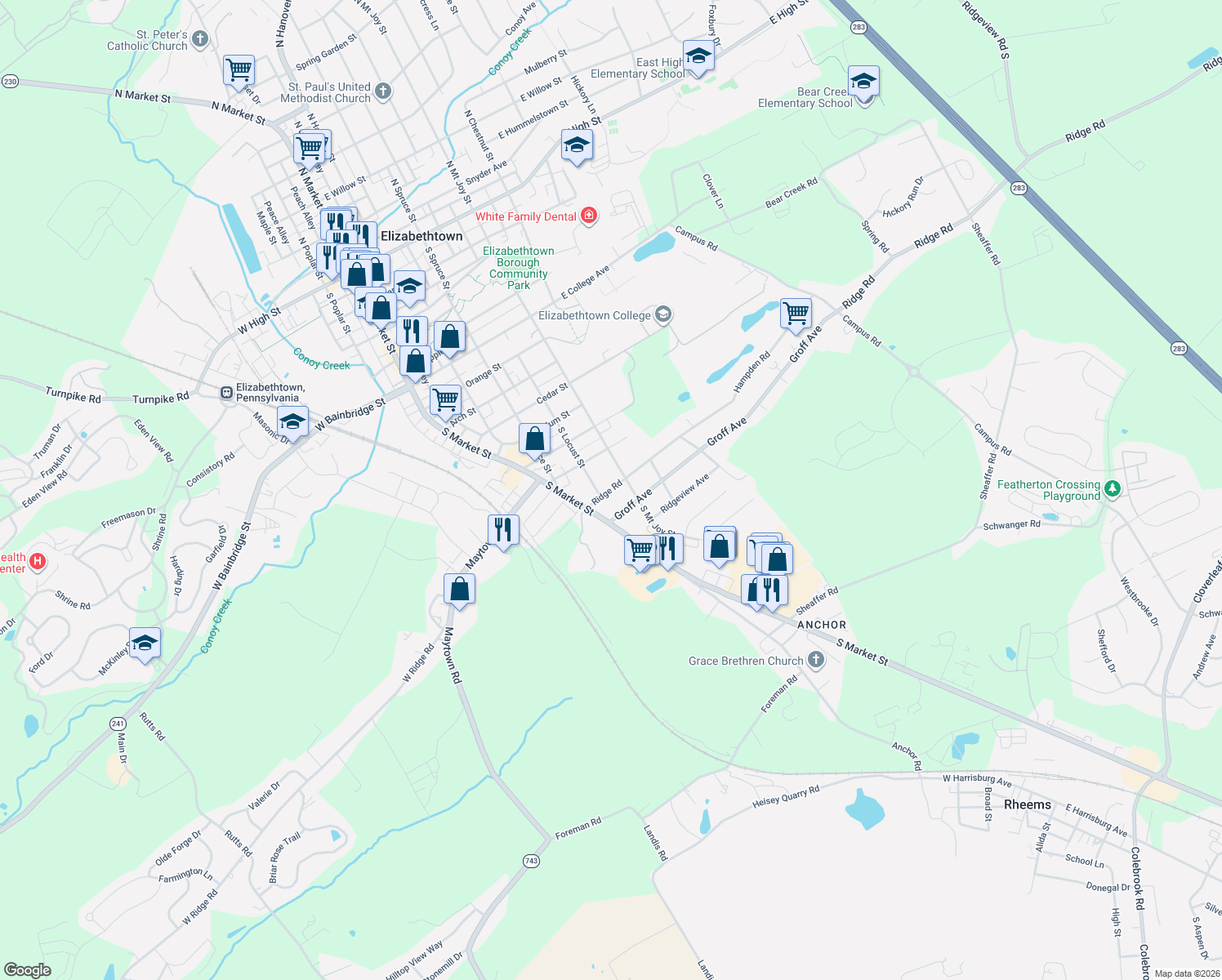 map of restaurants, bars, coffee shops, grocery stores, and more near 239 Ridge Rd in Elizabethtown