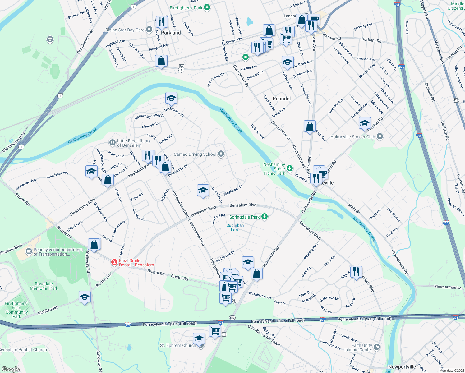 map of restaurants, bars, coffee shops, grocery stores, and more near 3013 Alcott Court in Bensalem