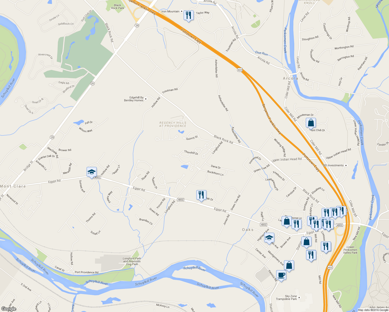 map of restaurants, bars, coffee shops, grocery stores, and more near 508 Andover Ln in Collegeville