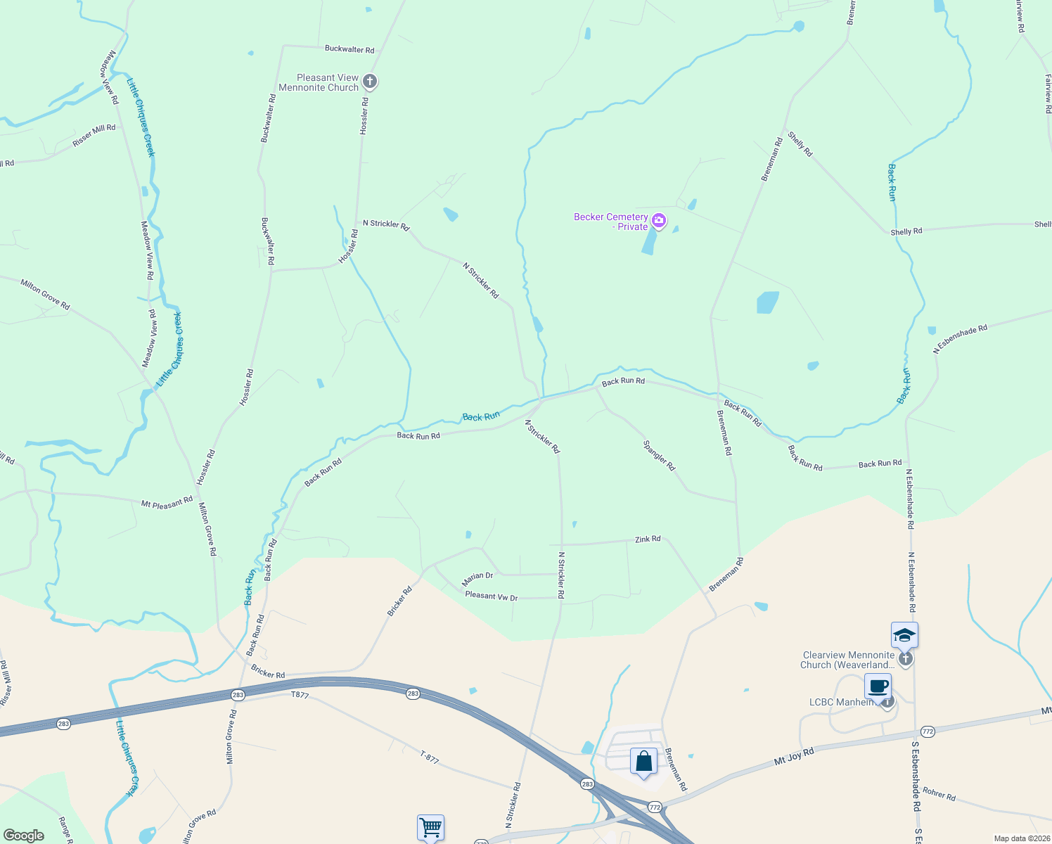 map of restaurants, bars, coffee shops, grocery stores, and more near 3043 Back Run Road in Manheim