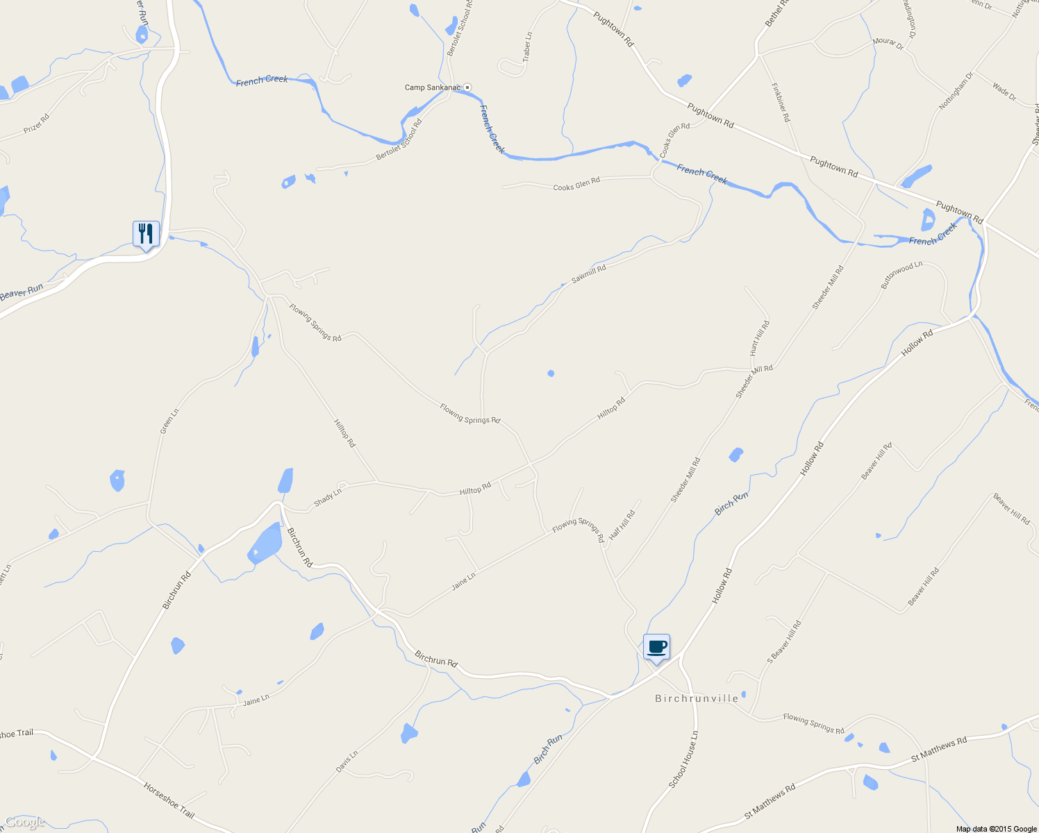 map of restaurants, bars, coffee shops, grocery stores, and more near 2639 Flowing Springs Road in Spring City