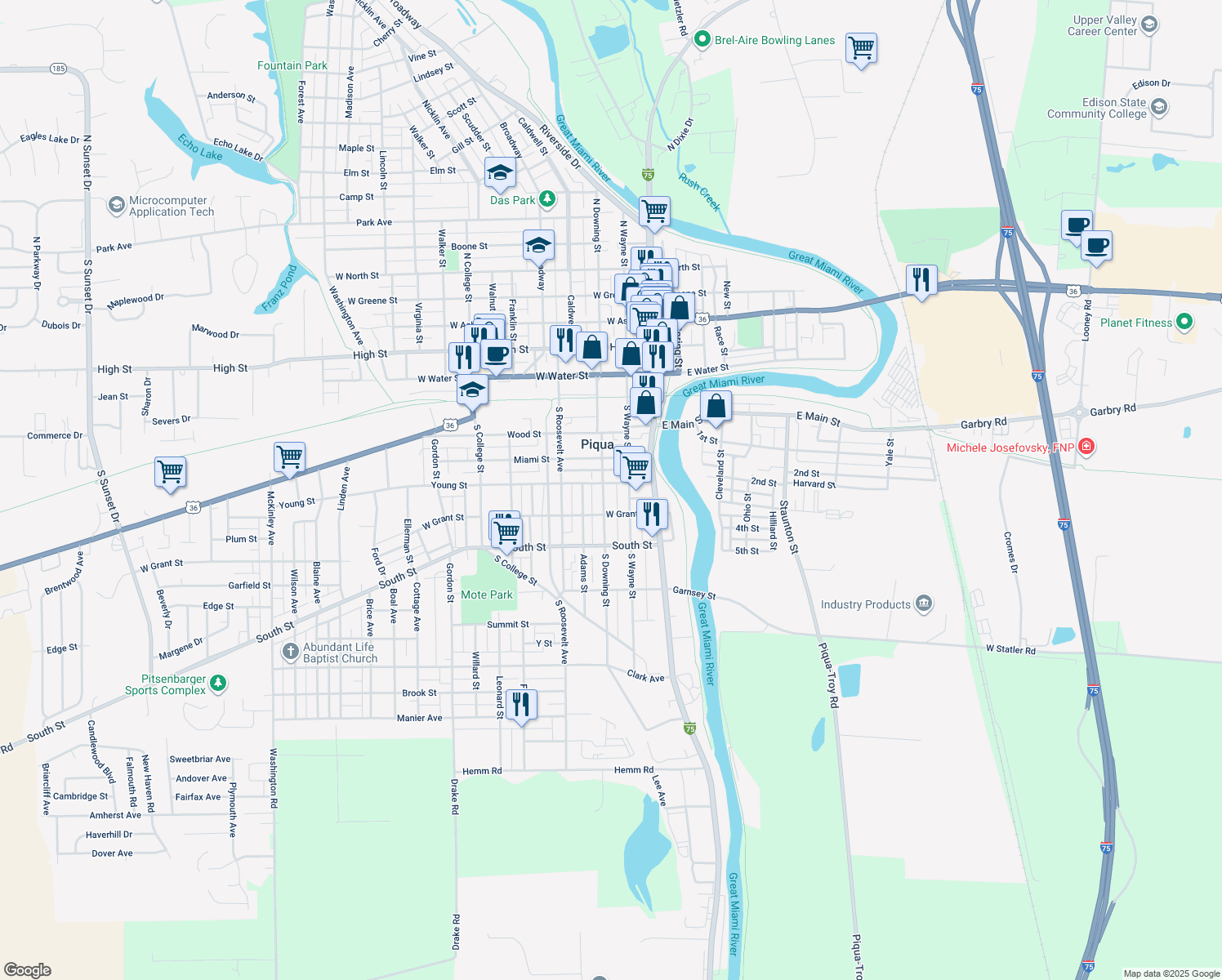 map of restaurants, bars, coffee shops, grocery stores, and more near 405 South Downing Street in Piqua
