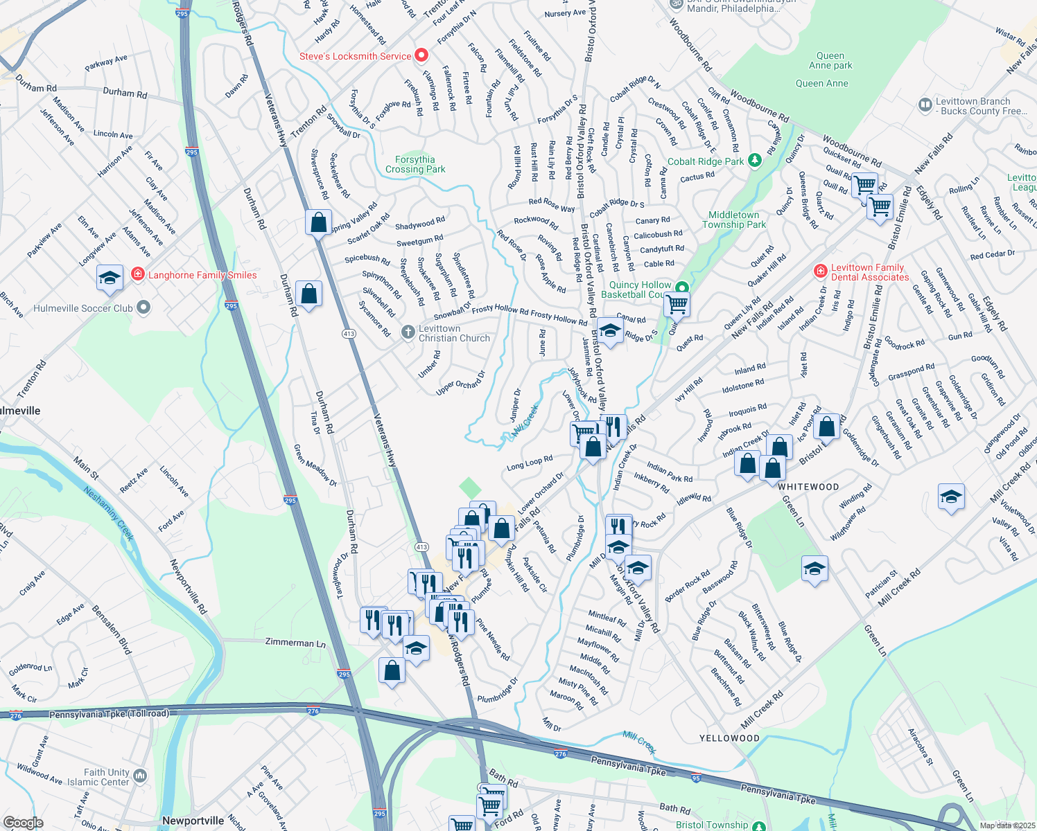 map of restaurants, bars, coffee shops, grocery stores, and more near 107 Juniper Drive in Levittown
