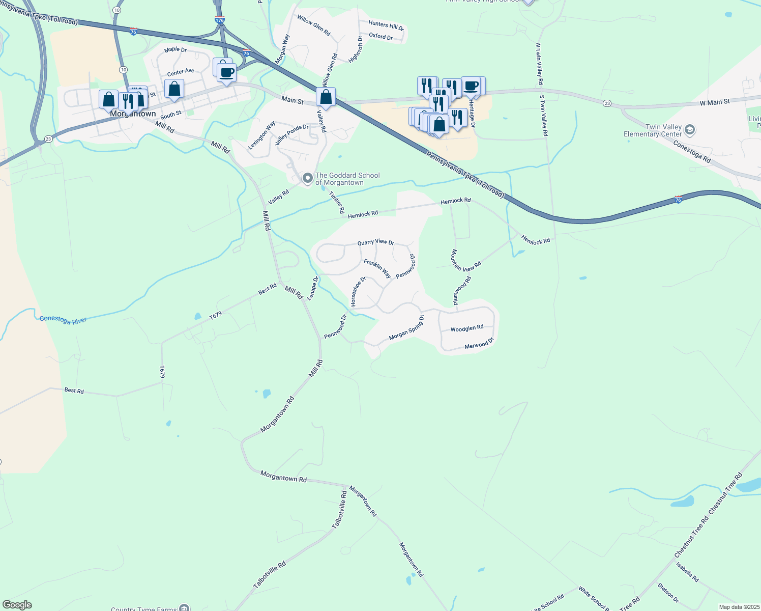 map of restaurants, bars, coffee shops, grocery stores, and more near 48 Morgan Spring Drive in Morgantown