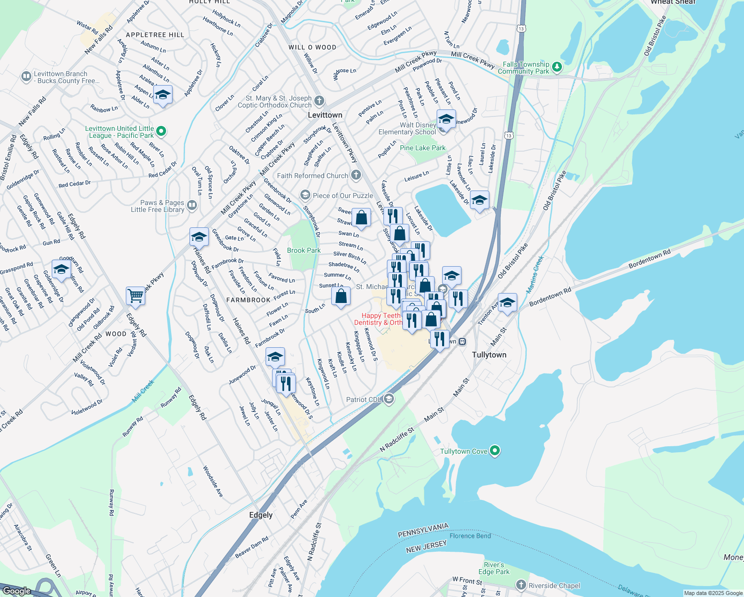 map of restaurants, bars, coffee shops, grocery stores, and more near 61 Kenwood Drive North in Levittown