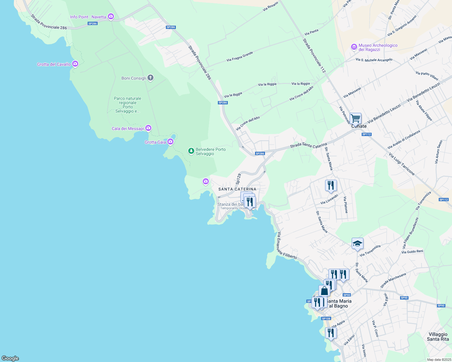 map of restaurants, bars, coffee shops, grocery stores, and more near 18 Viale Madonna dell'Alto in Nardò