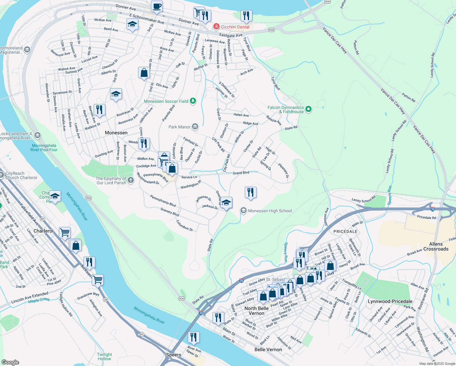 map of restaurants, bars, coffee shops, grocery stores, and more near 1184 State Rd in Monessen