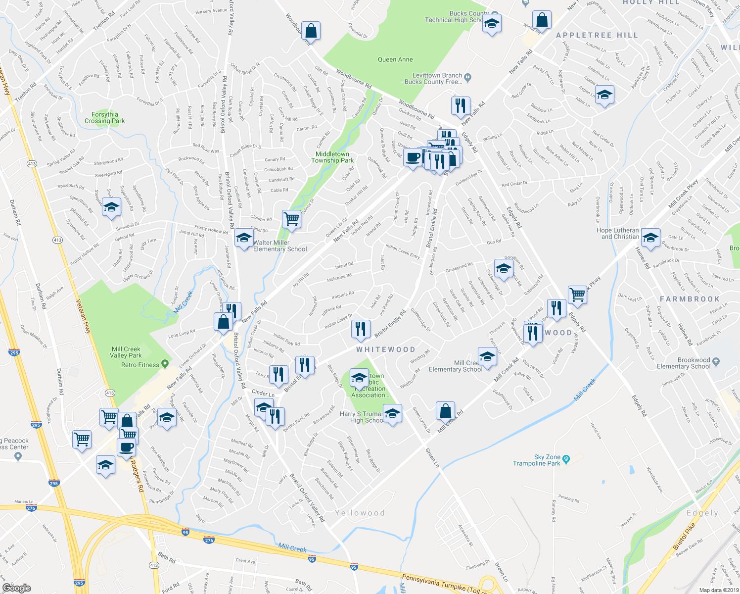 map of restaurants, bars, coffee shops, grocery stores, and more near 234 Indian Creek Drive in Levittown