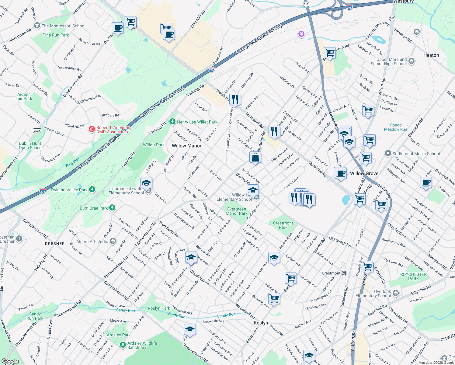 map of restaurants, bars, coffee shops, grocery stores, and more near 1705 Fitzwatertown Road in Willow Grove