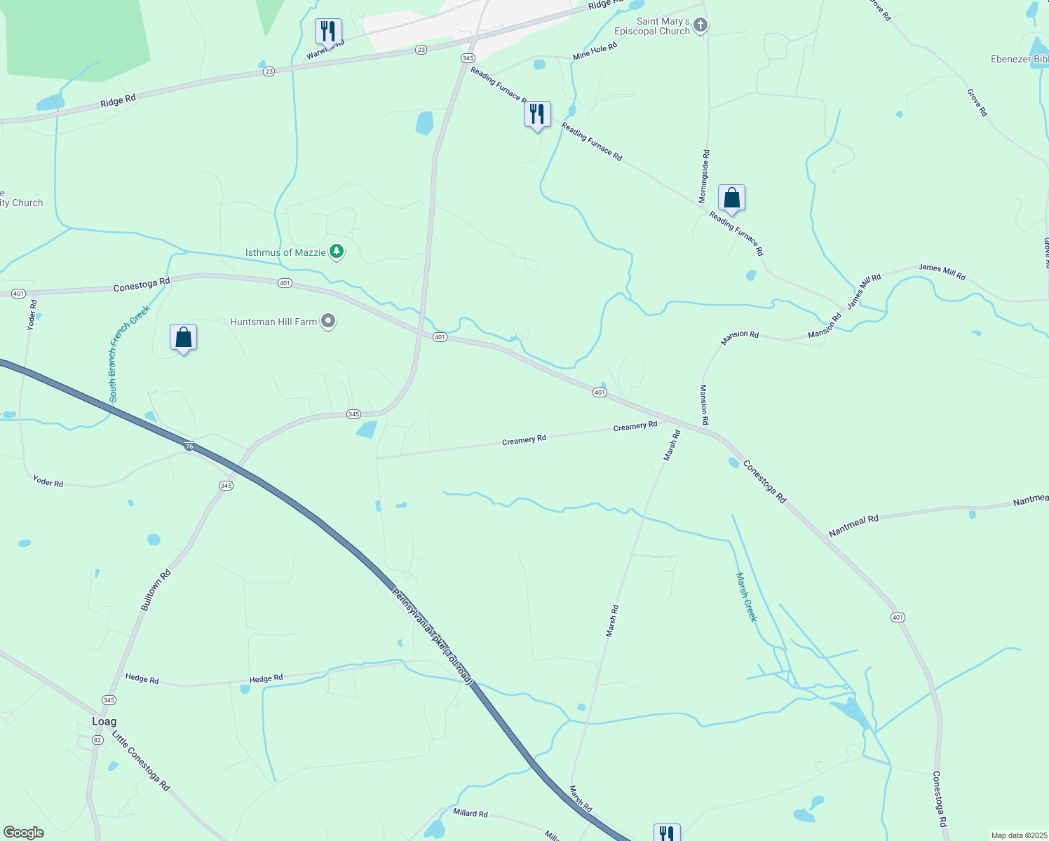 map of restaurants, bars, coffee shops, grocery stores, and more near 200 Creamery Rd in Elverson