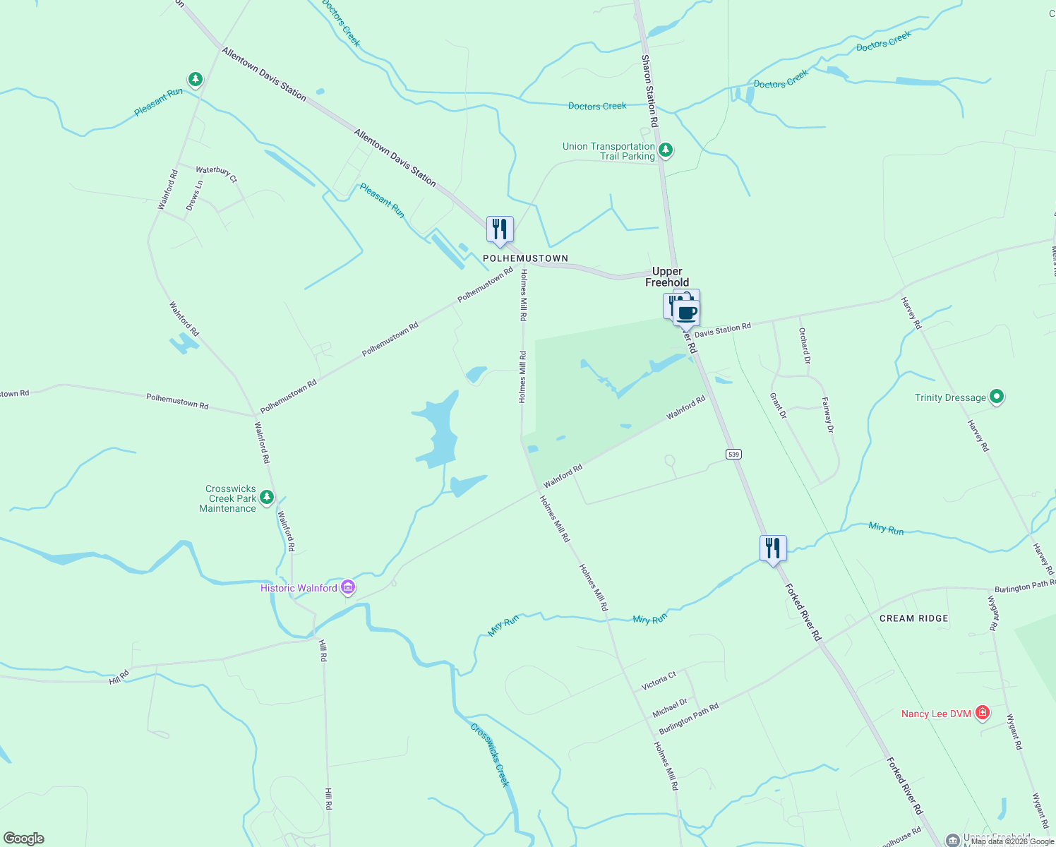 map of restaurants, bars, coffee shops, grocery stores, and more near 201 Holmes Mill Road in Upper Freehold