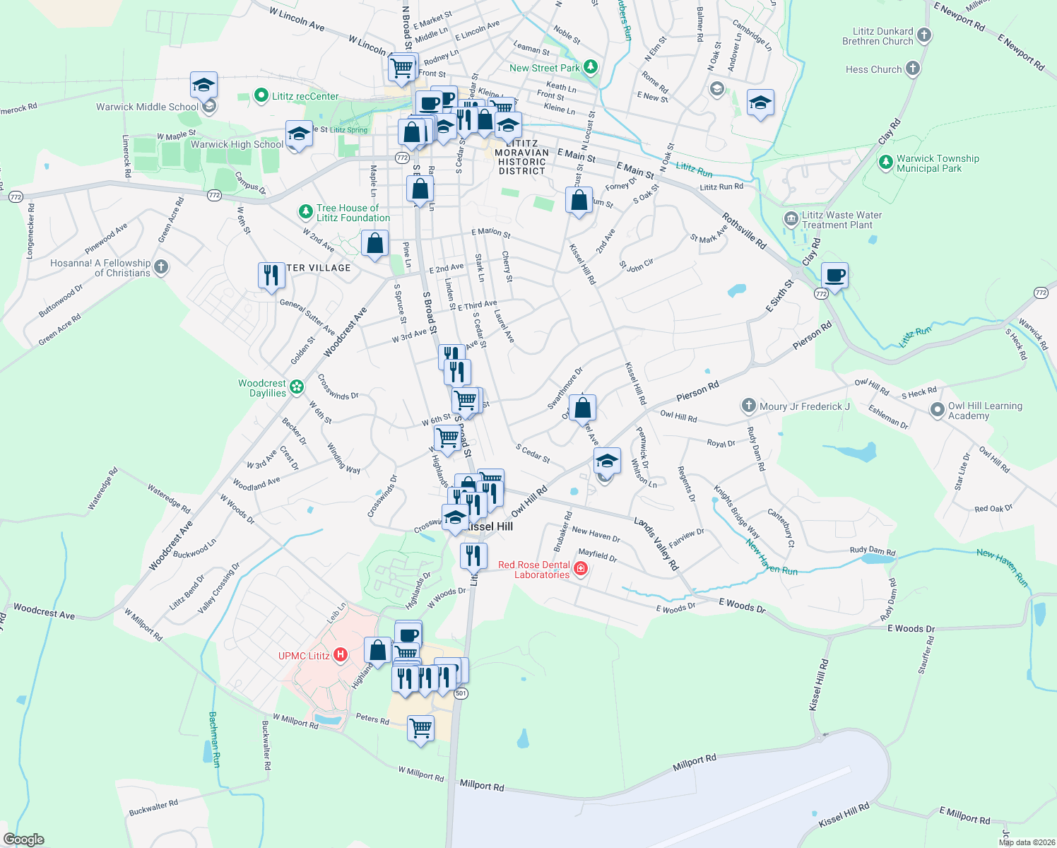 map of restaurants, bars, coffee shops, grocery stores, and more near 108 Swarthmore Dr in Lititz