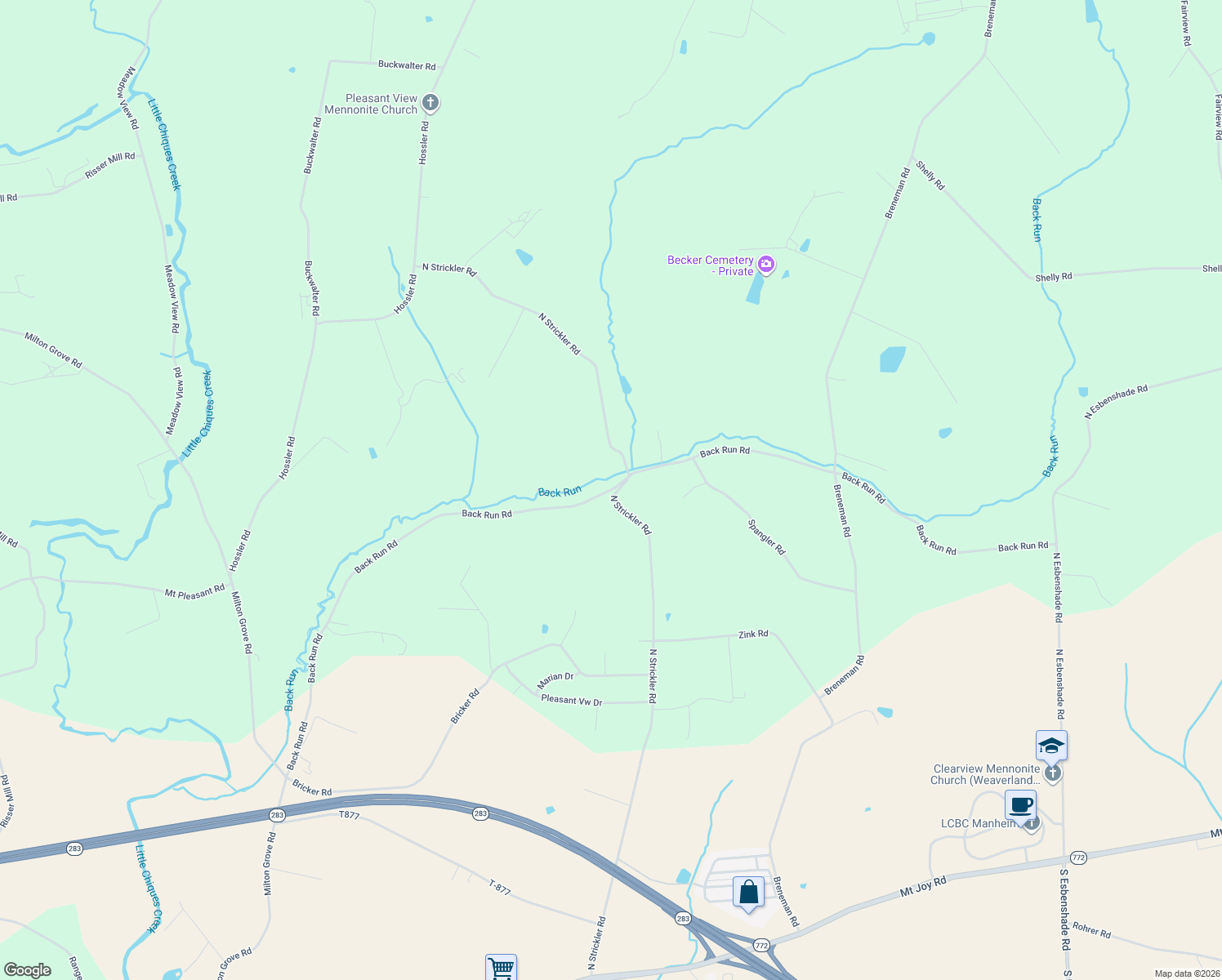 map of restaurants, bars, coffee shops, grocery stores, and more near 3043 Back Run Road in Manheim