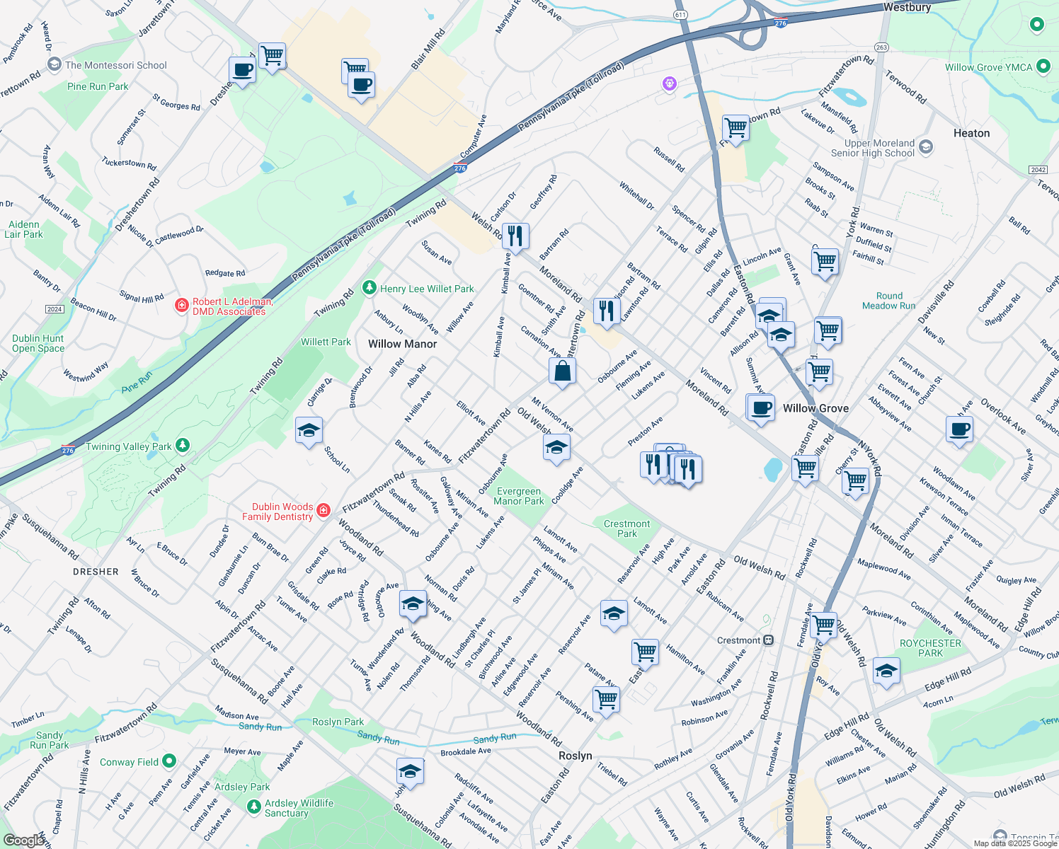 map of restaurants, bars, coffee shops, grocery stores, and more near 2814 Old Welsh Road in Willow Grove