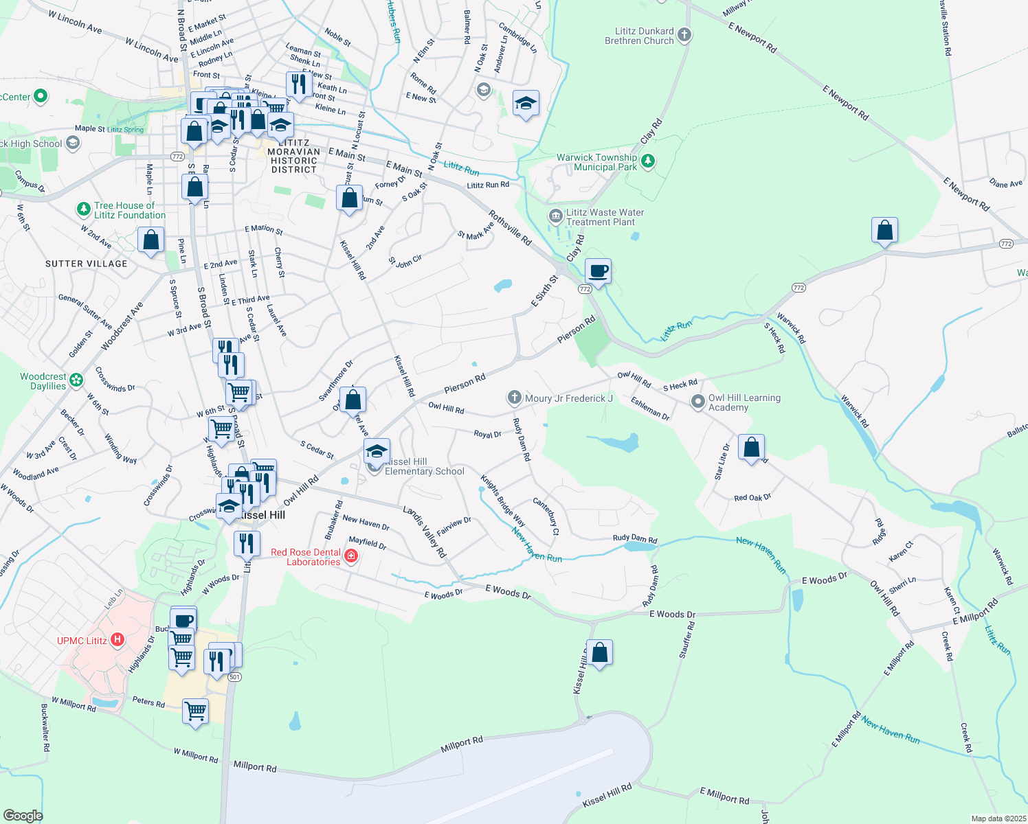 map of restaurants, bars, coffee shops, grocery stores, and more near 300 Owl Hill Road in Lititz