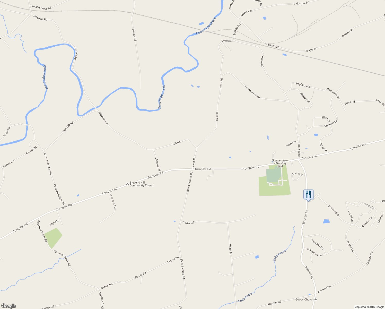 map of restaurants, bars, coffee shops, grocery stores, and more near 110 Hess Rd in Elizabethtown