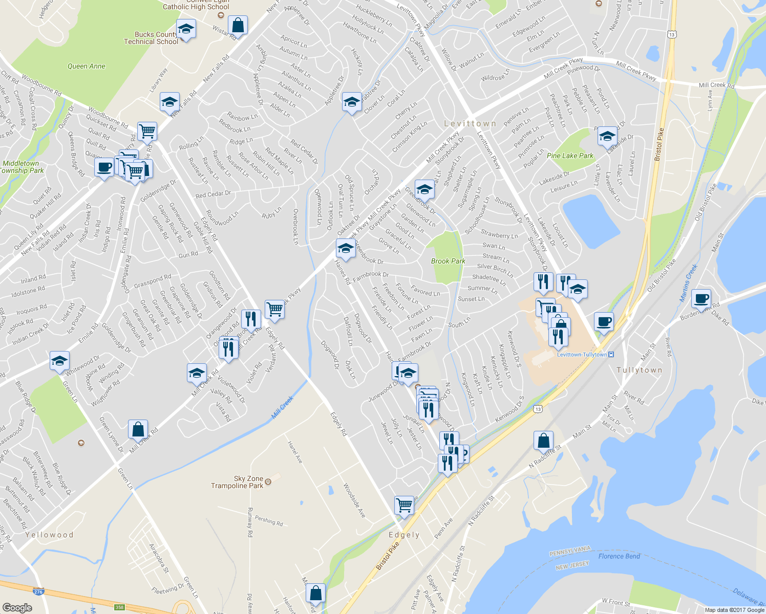 map of restaurants, bars, coffee shops, grocery stores, and more near 25 Fireside Lane in Levittown