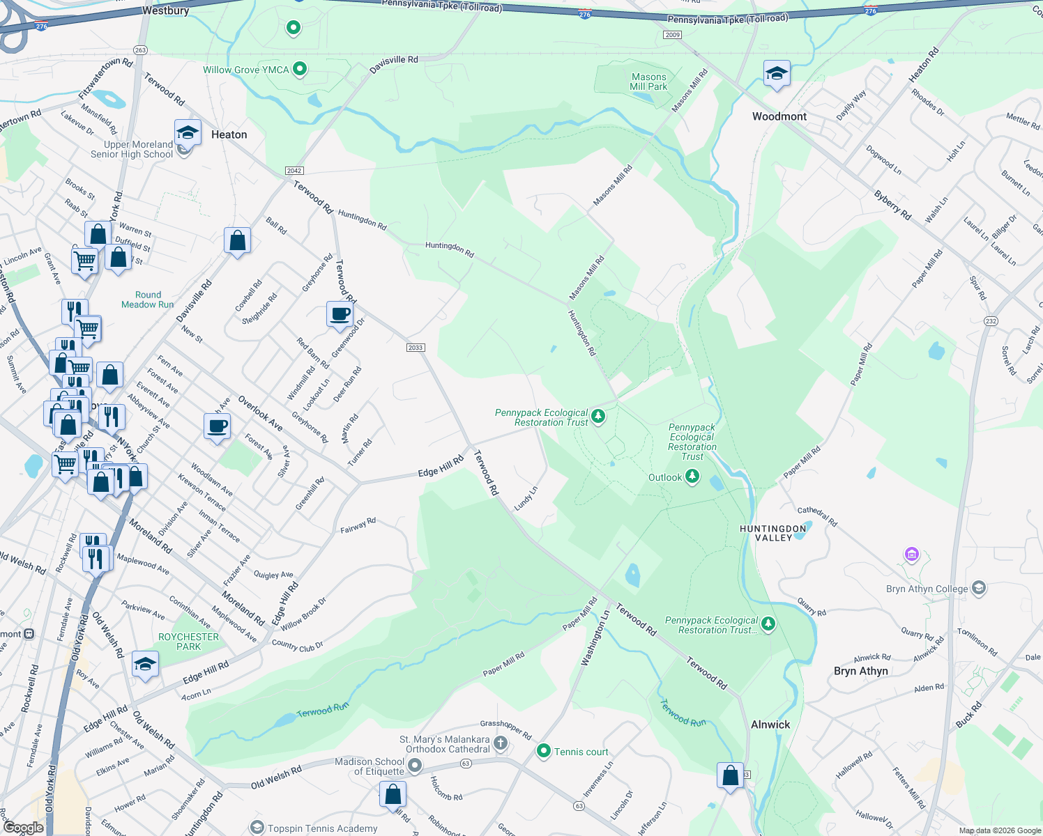 map of restaurants, bars, coffee shops, grocery stores, and more near 2830 Edge Hill Road in Montgomery County