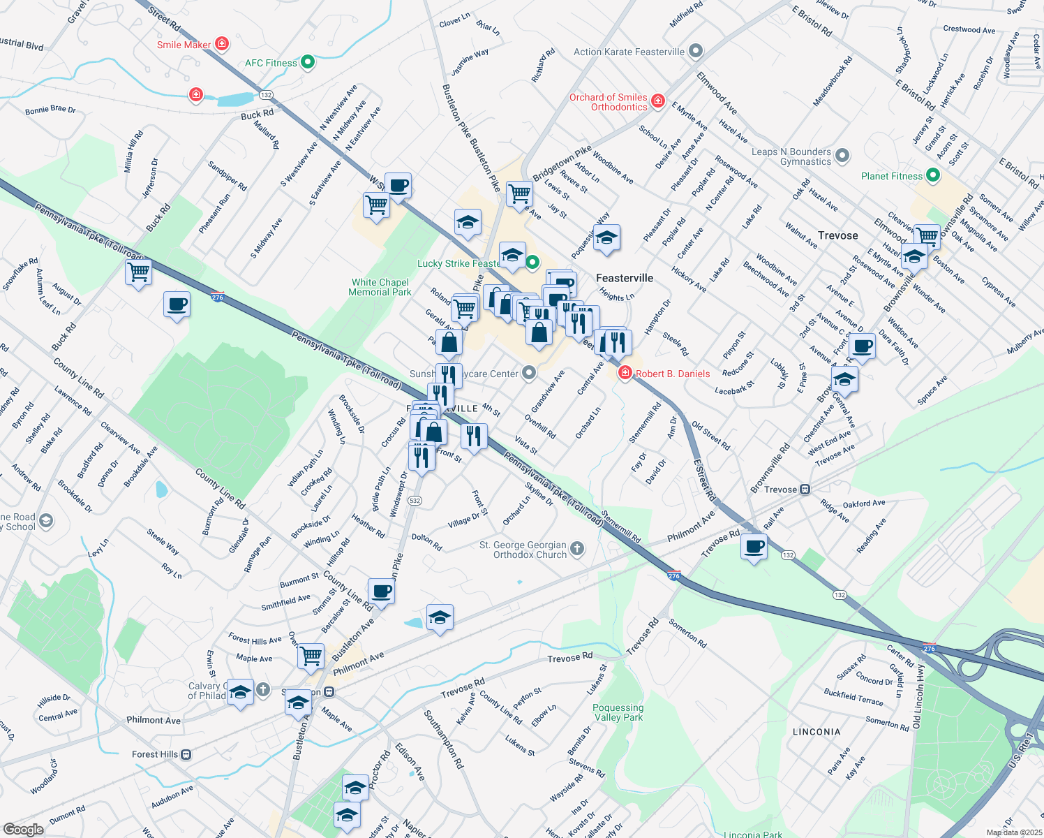 map of restaurants, bars, coffee shops, grocery stores, and more near 412 Grandview Avenue in Feasterville-Trevose