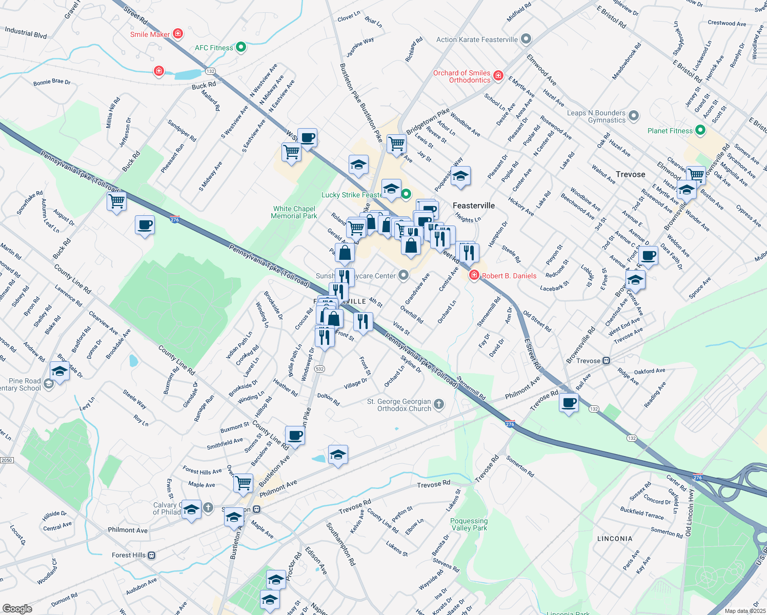 map of restaurants, bars, coffee shops, grocery stores, and more near 403 Harding Avenue in Feasterville-Trevose
