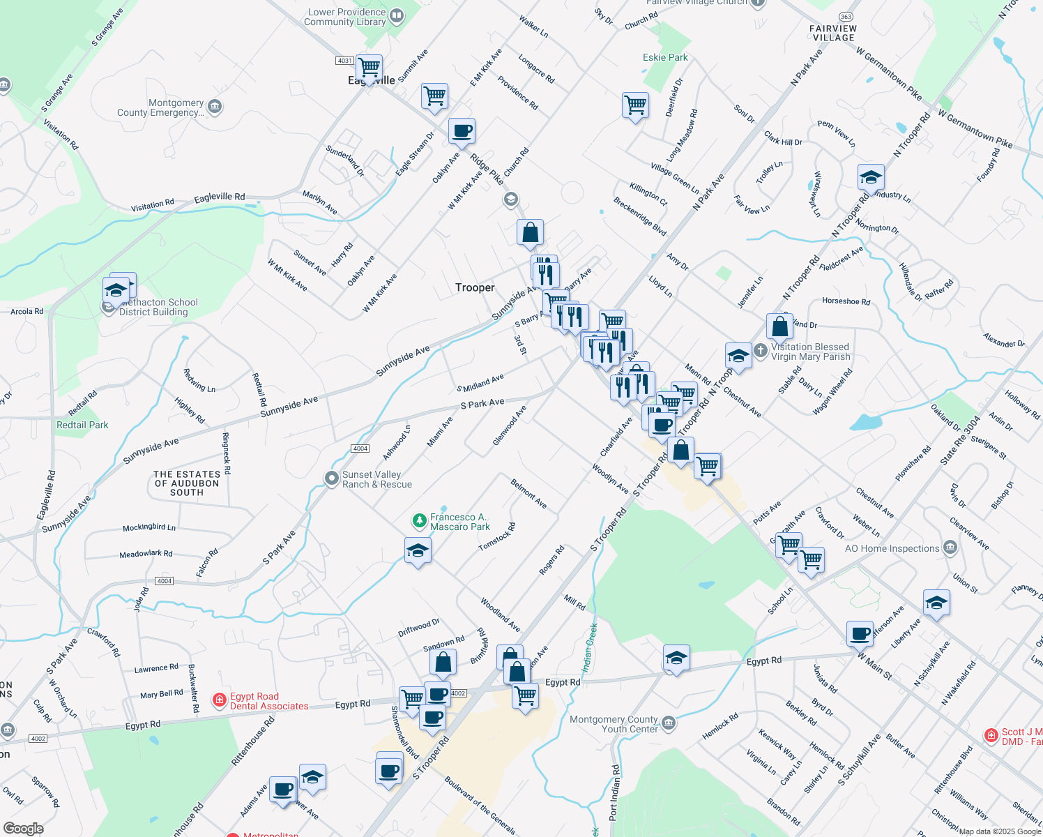 map of restaurants, bars, coffee shops, grocery stores, and more near 17 Glenwood Avenue in Eagleville