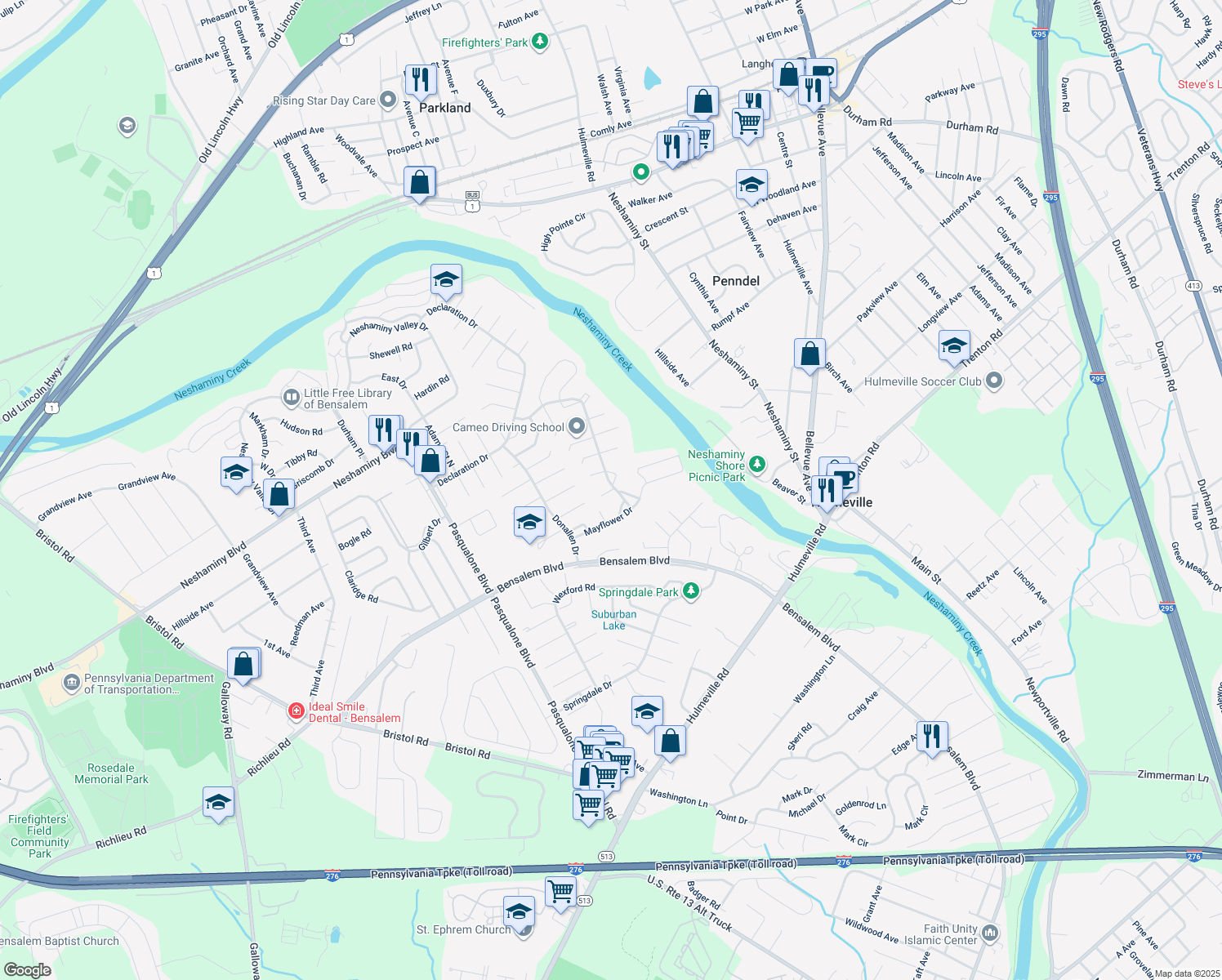 map of restaurants, bars, coffee shops, grocery stores, and more near 6425 Trenton Court in Bensalem