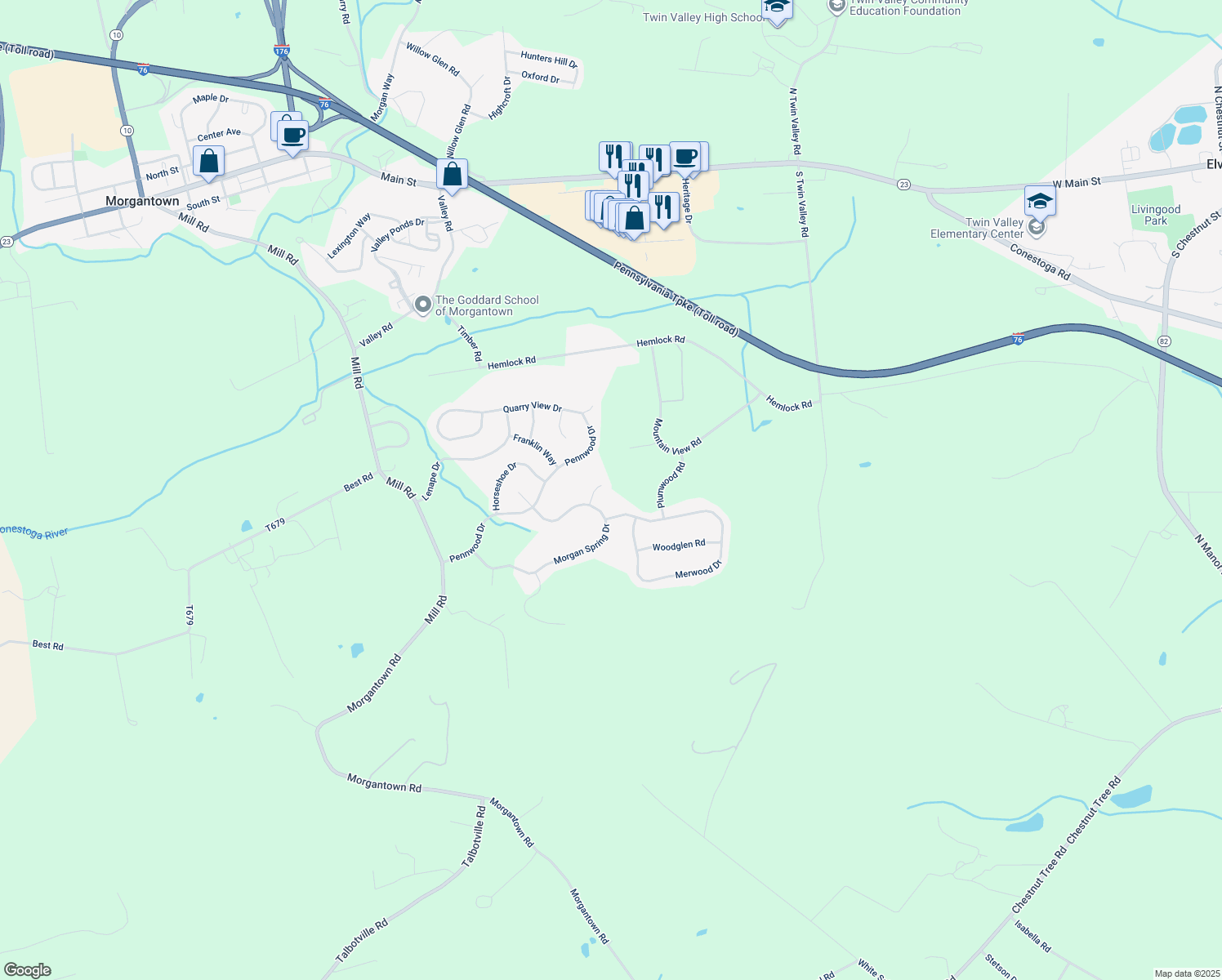map of restaurants, bars, coffee shops, grocery stores, and more near 9 Lincoln Court in Morgantown