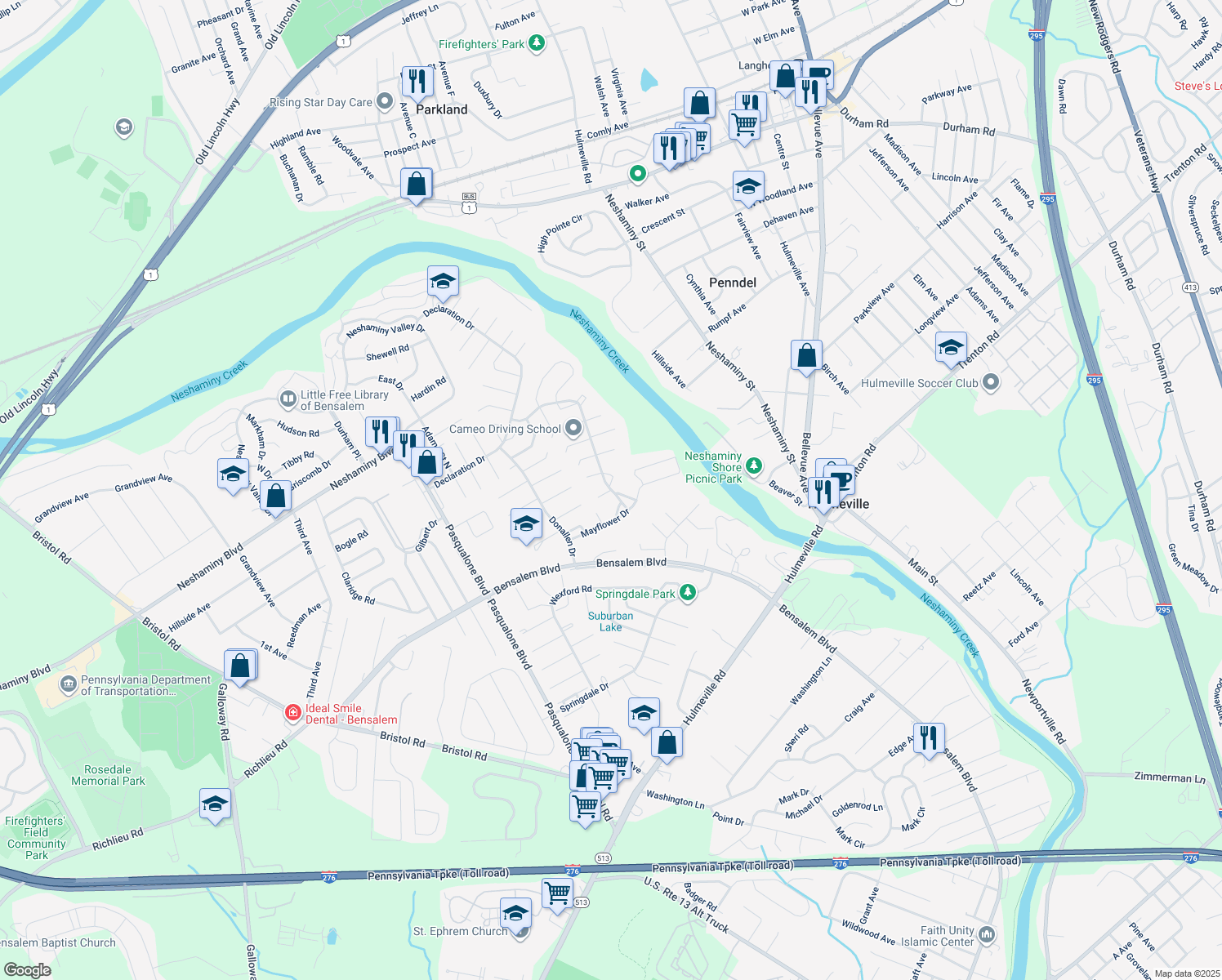 map of restaurants, bars, coffee shops, grocery stores, and more near 6400 Trenton Court in Bensalem