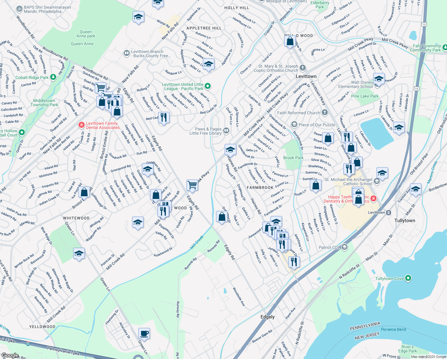 map of restaurants, bars, coffee shops, grocery stores, and more near 99 Daffodil Lane in Levittown