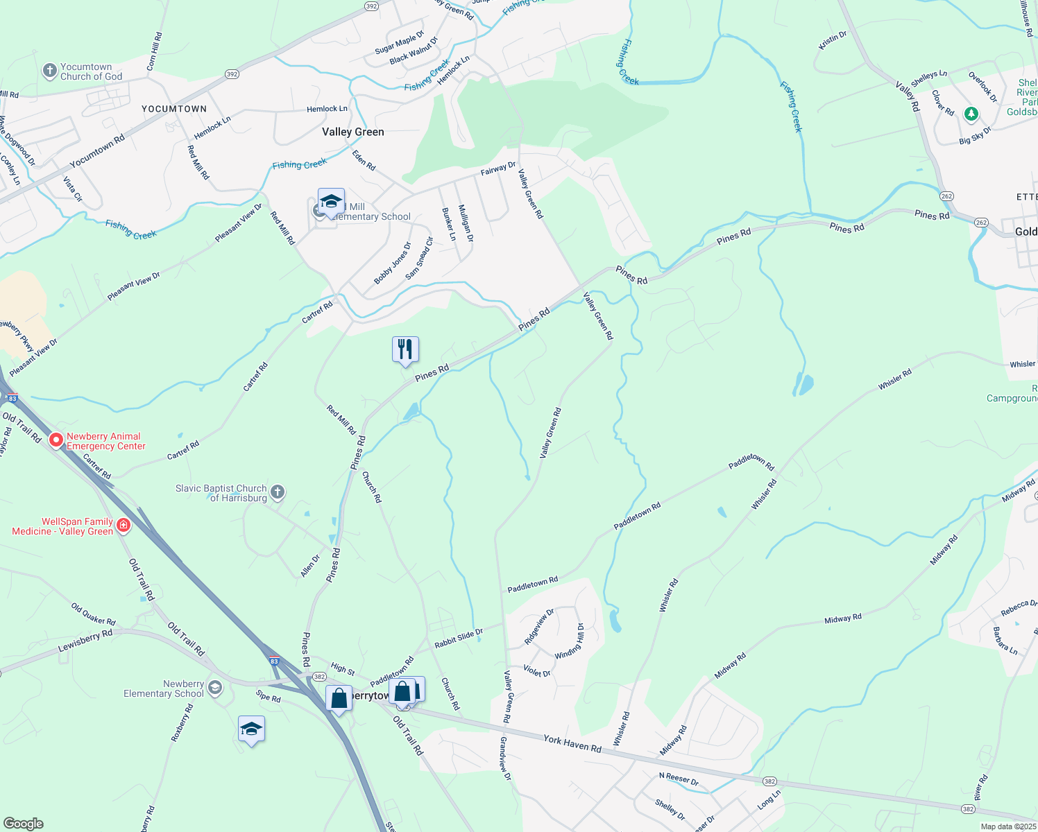 map of restaurants, bars, coffee shops, grocery stores, and more near 1785 Valley Green Road in Goldsboro