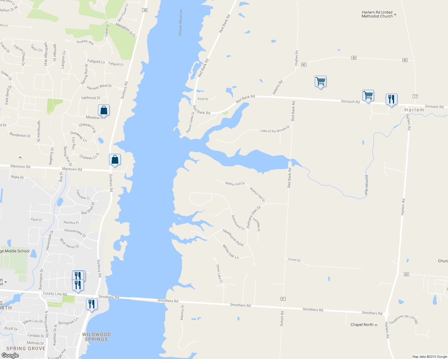 map of restaurants, bars, coffee shops, grocery stores, and more near 9277 Walnut Hull Dr in Westerville