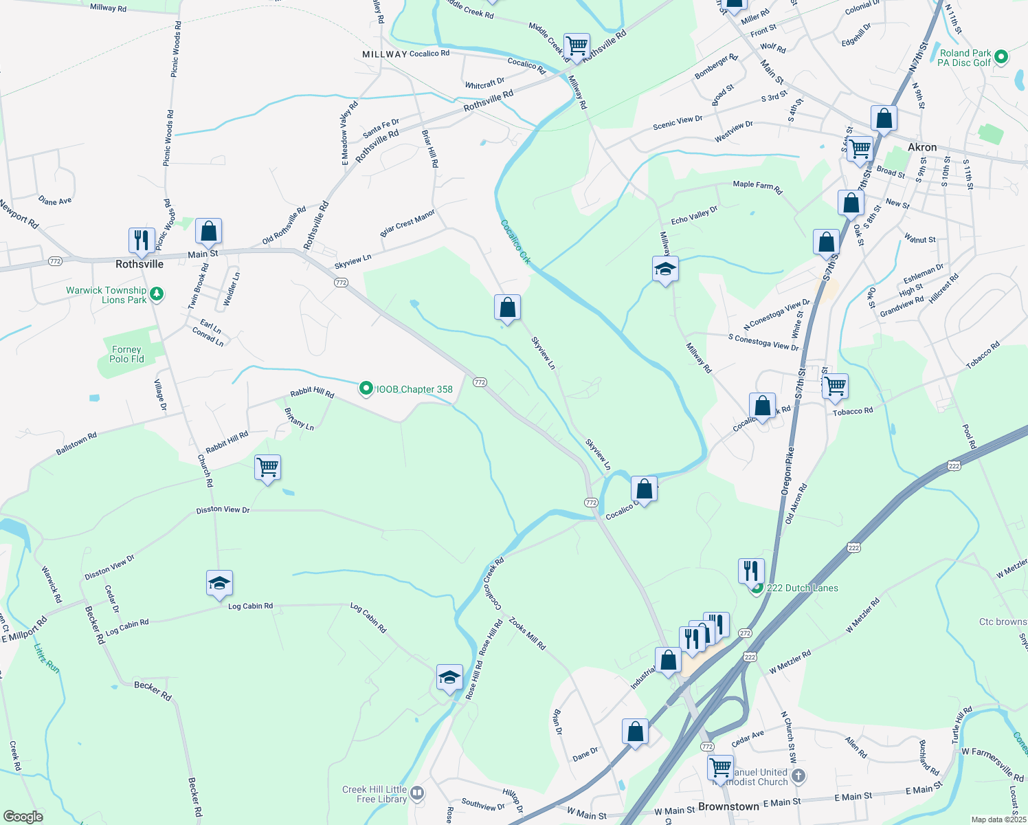 map of restaurants, bars, coffee shops, grocery stores, and more near 1519 East Newport Road in Lititz