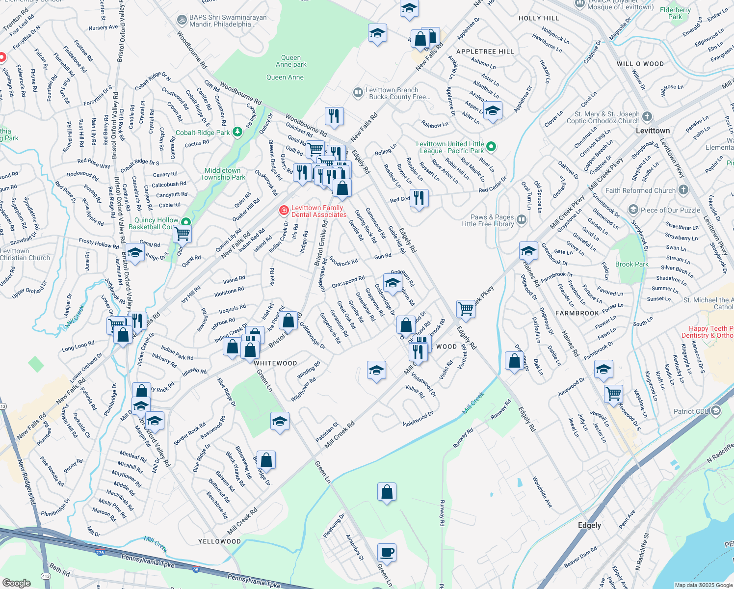 map of restaurants, bars, coffee shops, grocery stores, and more near 45 Grapevine Road in Levittown