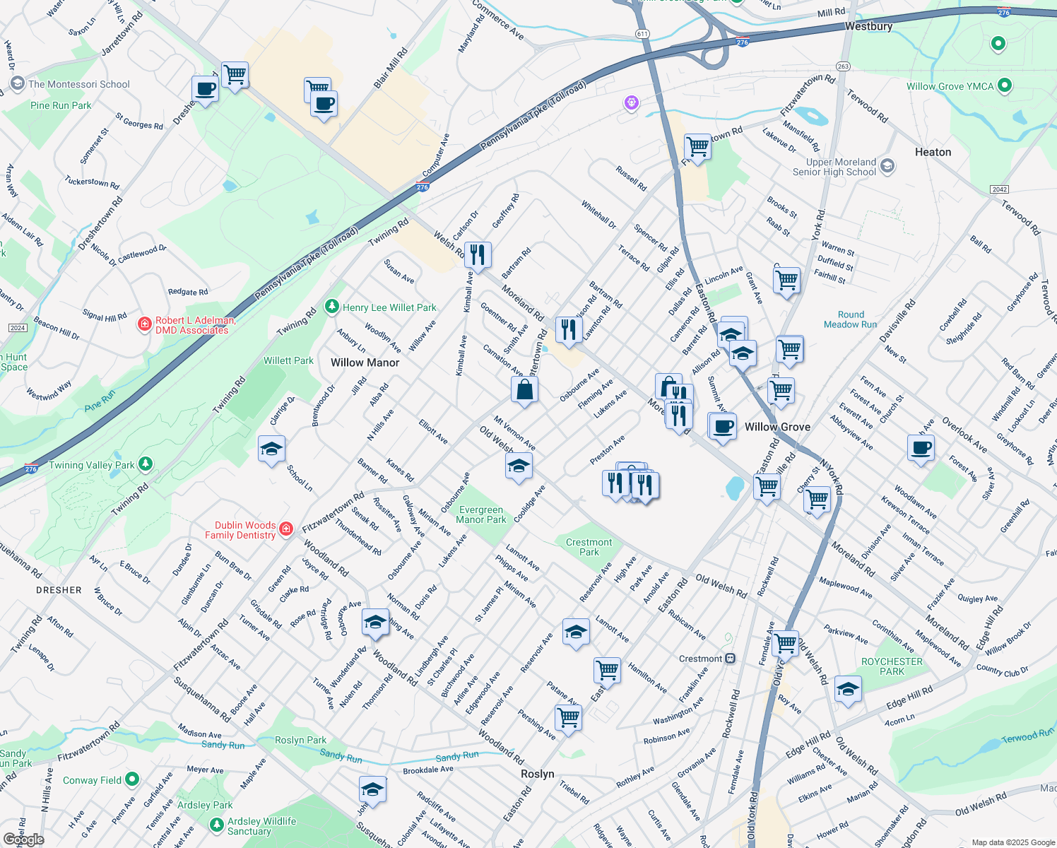 map of restaurants, bars, coffee shops, grocery stores, and more near 1816 Osbourne Avenue in Willow Grove
