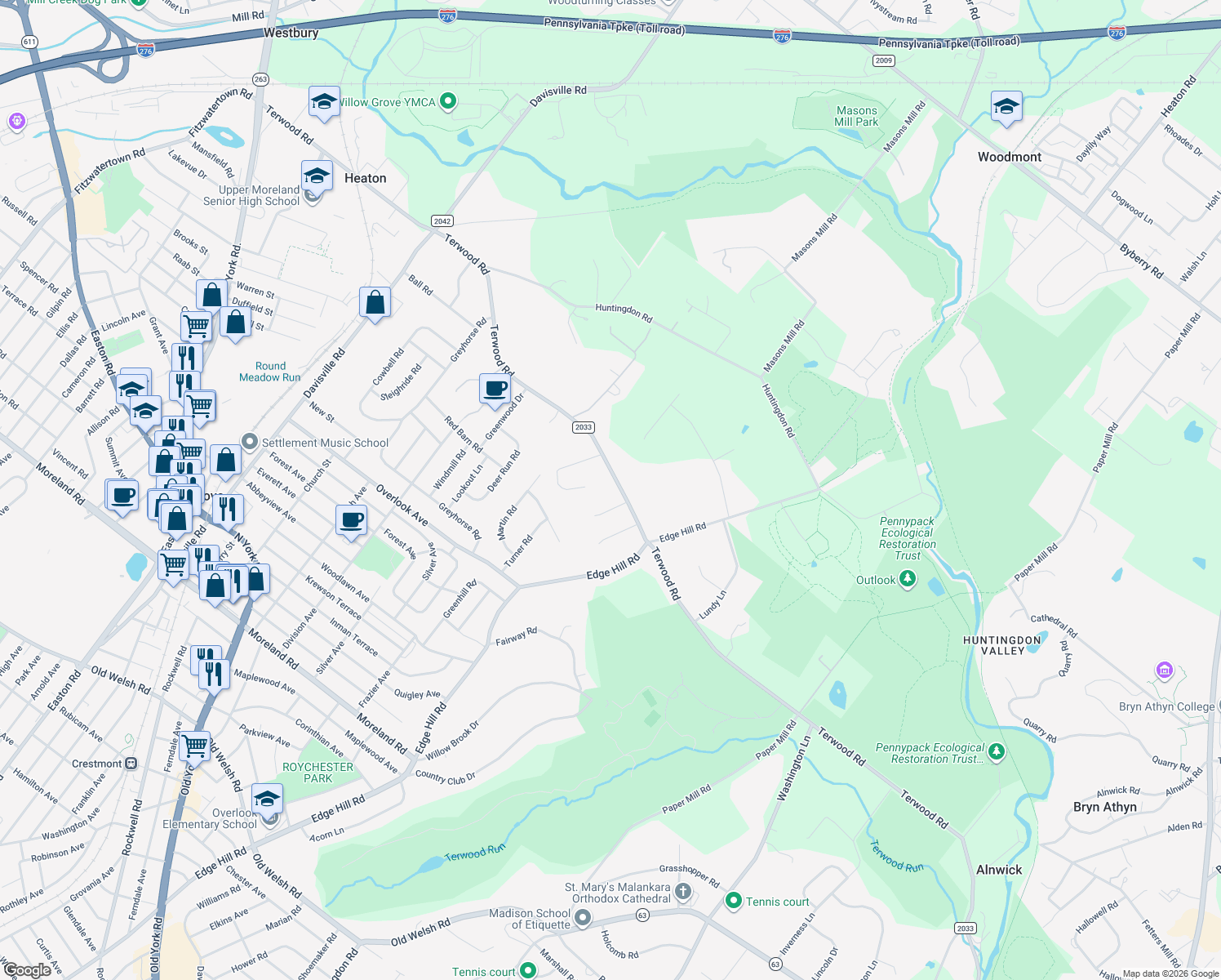 map of restaurants, bars, coffee shops, grocery stores, and more near 1960 Terwood Road in Willow Grove