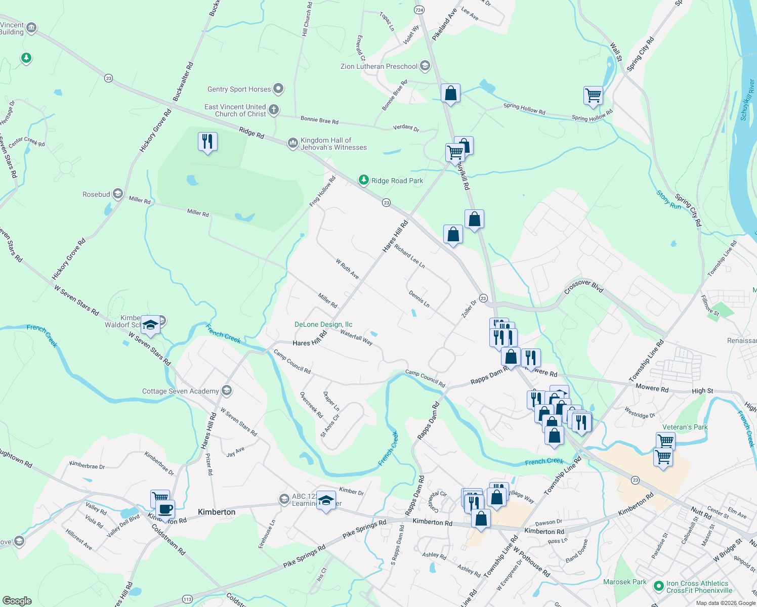 map of restaurants, bars, coffee shops, grocery stores, and more near 46 Ruth Avenue in Phoenixville