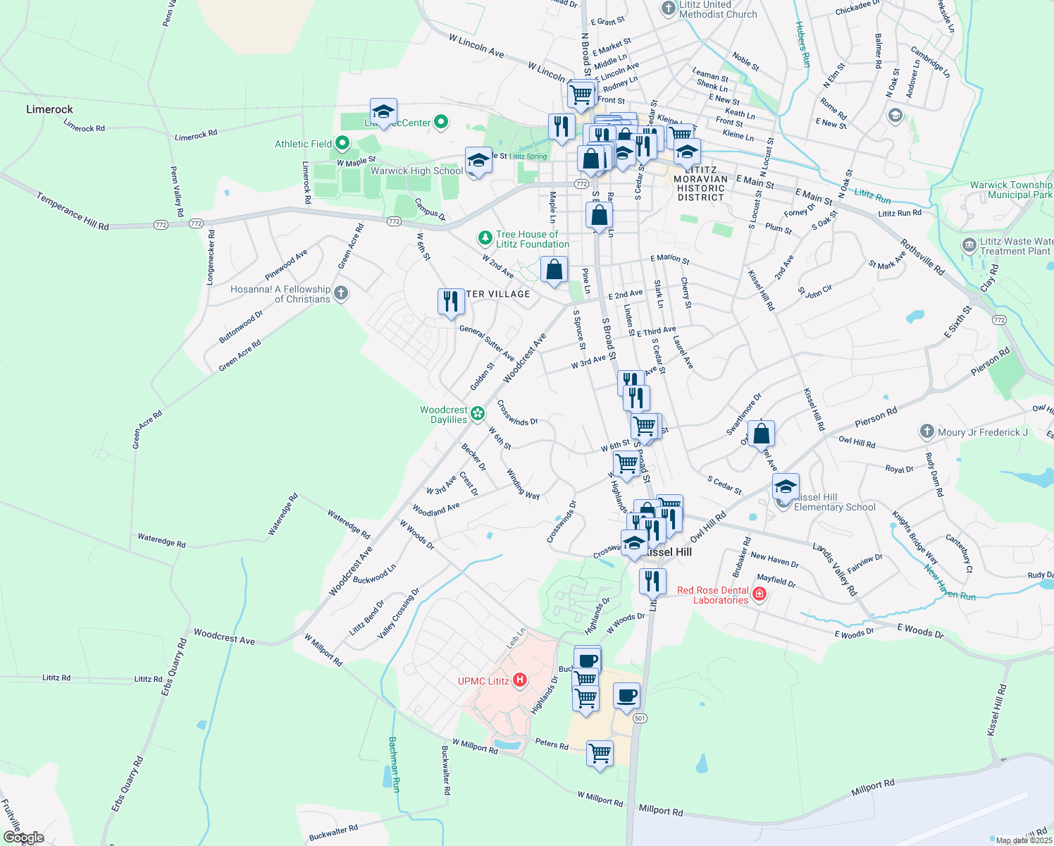 map of restaurants, bars, coffee shops, grocery stores, and more near 562 Crosswinds Drive in Lititz