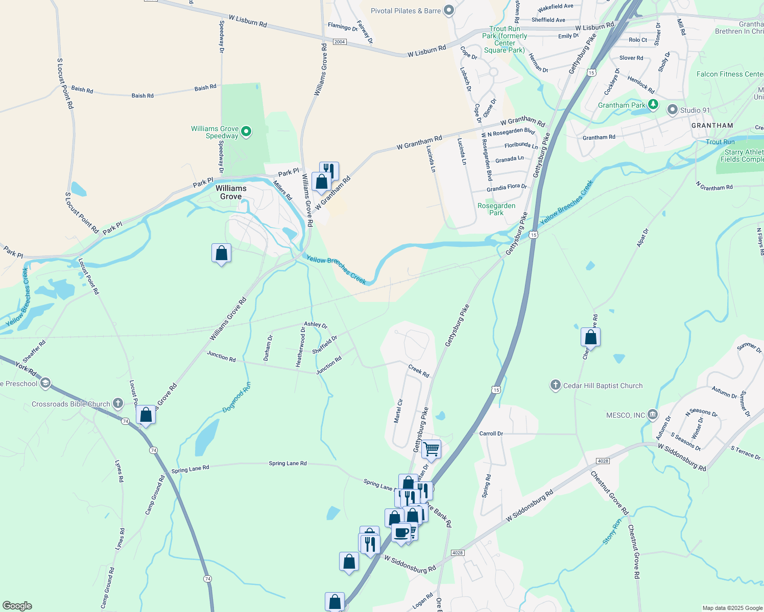 map of restaurants, bars, coffee shops, grocery stores, and more near 4 Sheffield Dr in Dillsburg