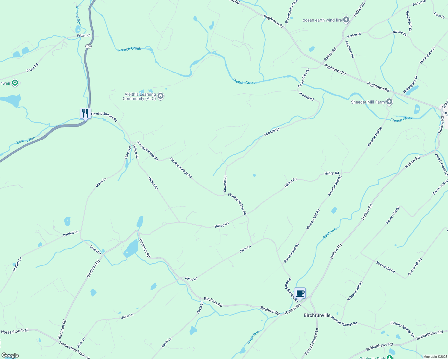 map of restaurants, bars, coffee shops, grocery stores, and more near 1629 Sawmill Road in Spring City