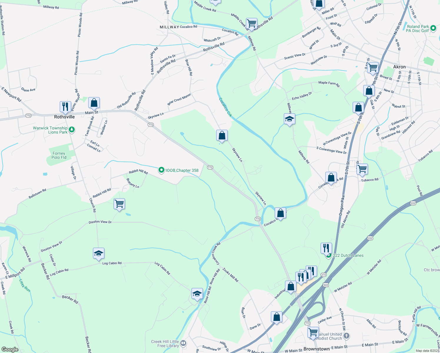 map of restaurants, bars, coffee shops, grocery stores, and more near 1518 East Newport Road in Lititz