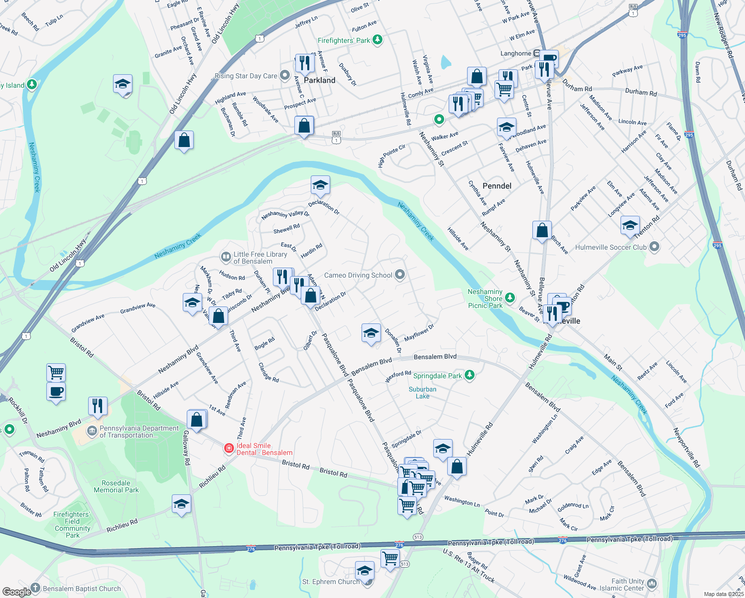 map of restaurants, bars, coffee shops, grocery stores, and more near 6320 Militia Court in Bensalem