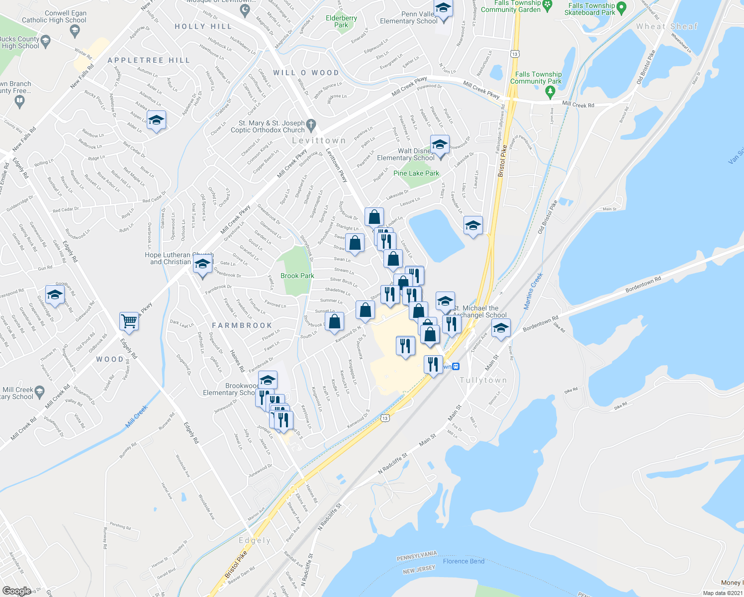 map of restaurants, bars, coffee shops, grocery stores, and more near 541 Stonybrook Drive in Levittown