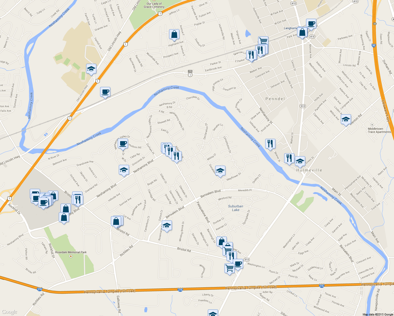 map of restaurants, bars, coffee shops, grocery stores, and more near 3355 Carroll Court in Bensalem